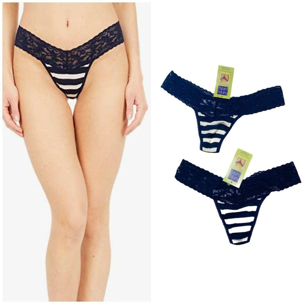 Hanky Panky Lace Low Rise Thong 2 Pairs Navy Blue Stripe One Size